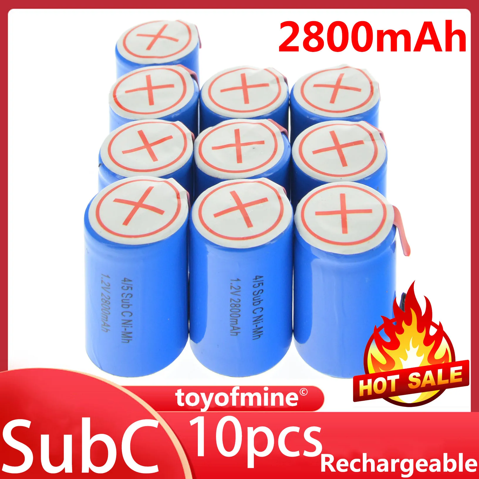 

10x Ni-Mh 4/5 SubC Sub C 1.2V 2800mAh Rechargeable Battery with Tab Blue