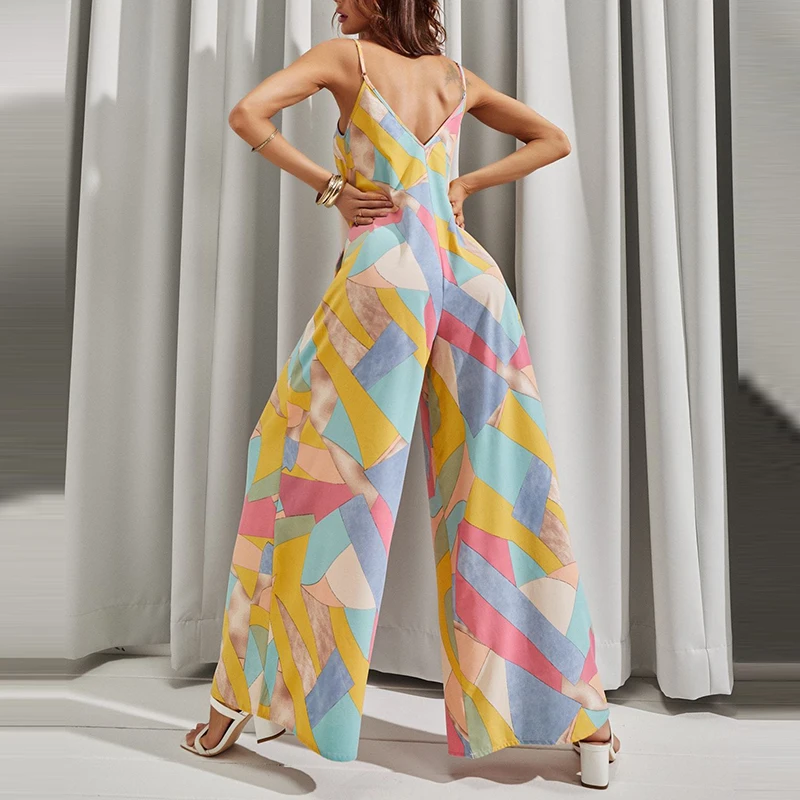 

Summer Sexy Sling Women V Neck Geometry Printed Fashion Wide-leg Pants Jumpsuits Casual Sleeveless Off-shoulder Loose Jumpsuits