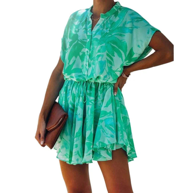 

Women Summer Dress Female Vestidos Casual Boho Dresses 2020 Leaves Print Ruffled Beach Short Sleeve Tie Up Mini Dress