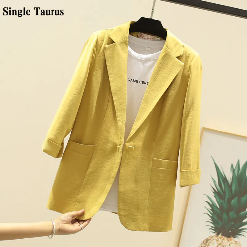

Casual Female Blazers Three Quarter Sleeve Linen Cotton Slim Harajuku Yellow Korean Women Clothes Blazer Jacket and Coats