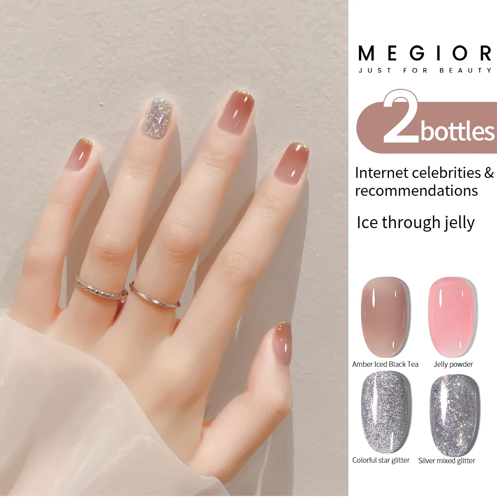 

MEGIOR 2Pcs Nude Pink Gel Nail Polish Kits Translucent Jelly Gel Nail Summer Soak Off UV Gel Polish For Nail Art Manicure DIY