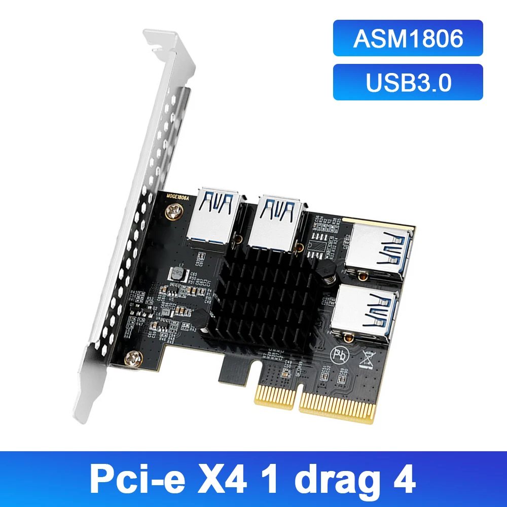 

PCIE X4 1 to 4 Riser Card 4 USB 3.0 PCI-Express Extender Card ASM1806 PCI-E X4/X8/X16 Slots Adapter for Windows XP/Win 7/Win8/10