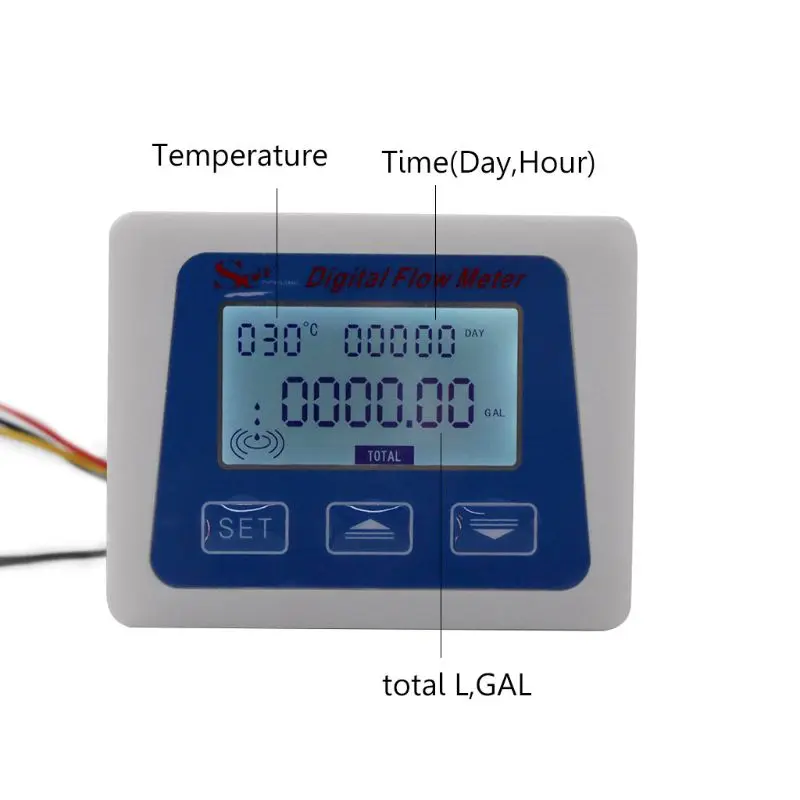

LCD Digital Flow Meter Water Flowmeter Temperature Time Record with G1/2 Flow Sensor