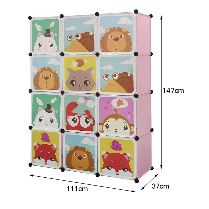

111*37*147cm 4 Layers 12 Doors Pink Cartoon Plastic Wardrobe Multi-functional Storage Rack Home Storage Organization HWC