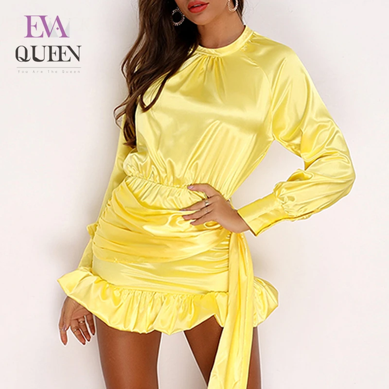 Атласное желтое соблазнительное платье EvaQueen женское вечернее на лето и осень