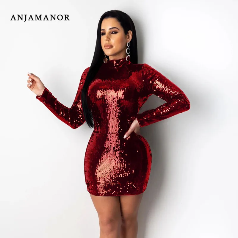 ANJAMANOR сексуальные платья с красными и черными пайетками женские вечерние одежда
