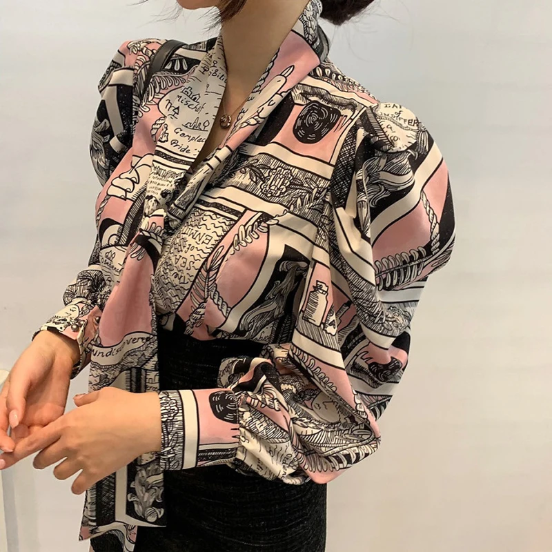

Office ladies Bow tie Blouse Femme Blusas 2021 Spring Summer Long puff sleeve Women tops Lace up Print Blusas Casual YNZZU 1T024