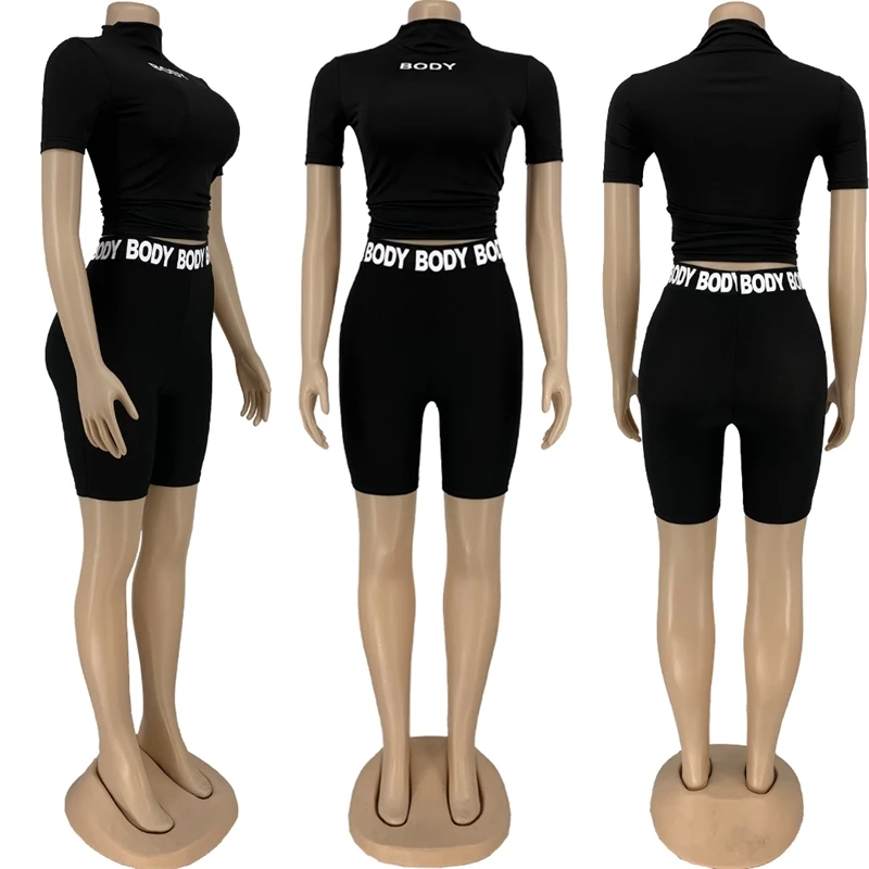 

ABgirl 2021 women casual short sleeve t shirt and short pants two 2 piece set summer solid black color ladies clothing outfits