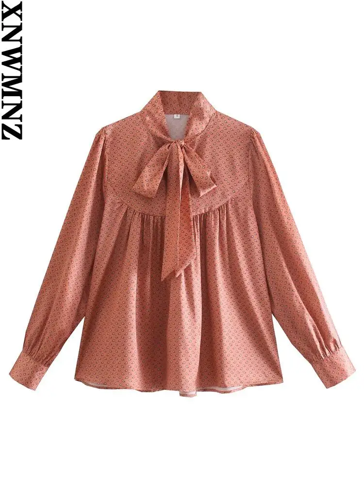 

XNWMNZ blusa feminina Women fashion flowing printed loose blouses vintage tied v neck long sleeve female shirts blusas chic tops