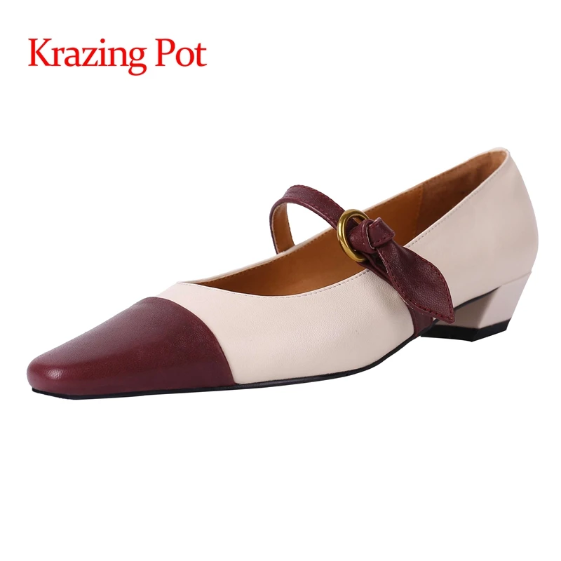 

Krazing Pot genuine leather square toe med heel mixed colors Korean street pretty girls dating fashion classic women pumps L03