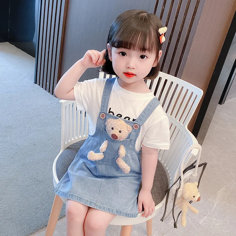 

Summer Kids Clothing Sets 2021 Baby Girls Cute Cartoon Dress Suits Letter Cotton T-shirts Pocket Bear Denim Dress Girls 2pcs Set