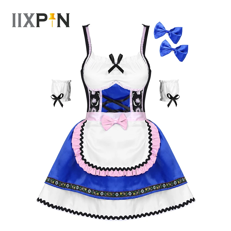 

Women Carnival Oktoberfest Dirndl Costume Beer Waitress Bar Maid Outfit Cosplay Halloween Party Dress With Apron Sleeves Bowknot