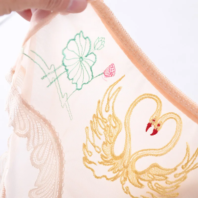 Кружевные сексуальные прозрачные кружевные сетчатые трусики с вышивкой лебедя