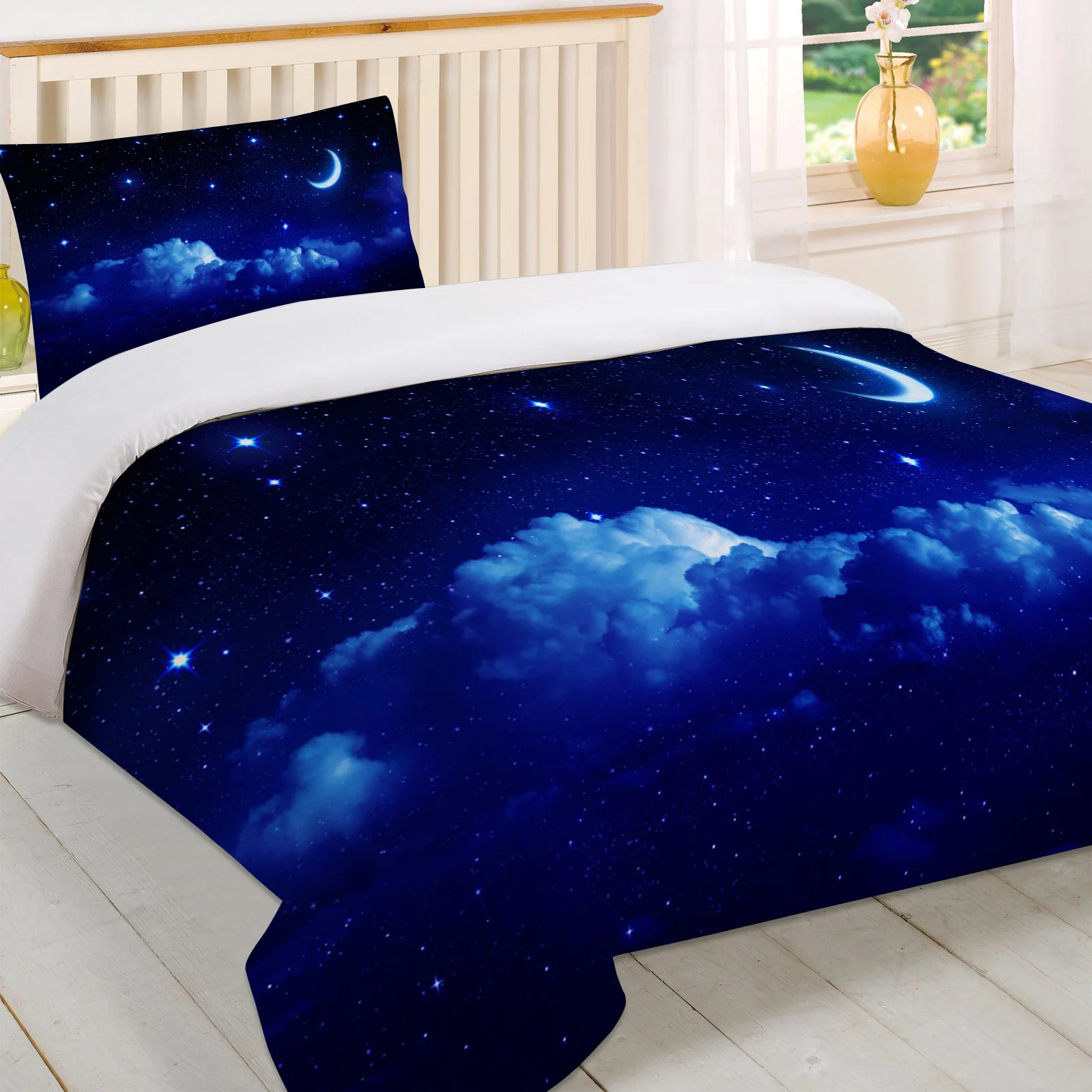 Пододеяльник с ночным небом звездами луной голубыми облаками наволочка