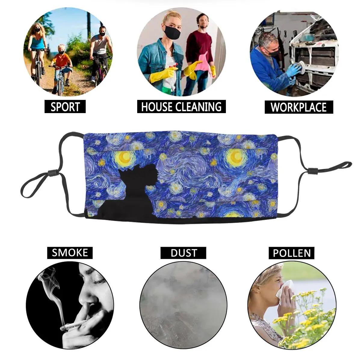 

Scottish Terrier Van Gogh Starry Night Reusable Mouth Face Mask Scottie Dog Anti Haze Dust Mask Protection Respirator Muffle