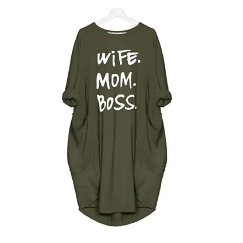 Vintage Plus size Women Dress Fashion Letter Printing Loose Midi Dress Autumn Long Sleeve Pockets Streetwear Womens Clothing 5XL