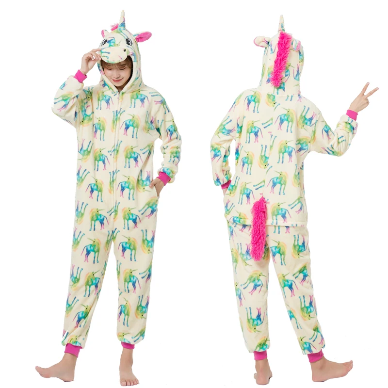Rainbow Unicorn Пижама в виде единорога, зимняя Пижама для взрослых, пижама кигуруми, Ститч, панда, единорог, женский комбинезон, Аниме Костюмы, комбинезон - Цвет: Rainbow Unicorn