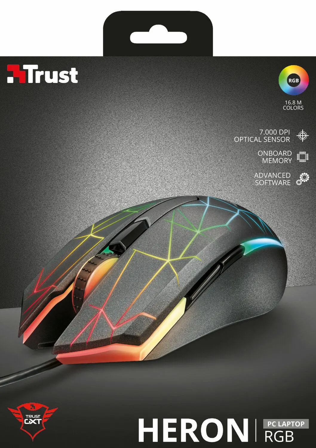 

NEW TRUST 21813 HERON GXT170 RGB GAMING MOUSE, ADVANCED OPTICAL SENSOR