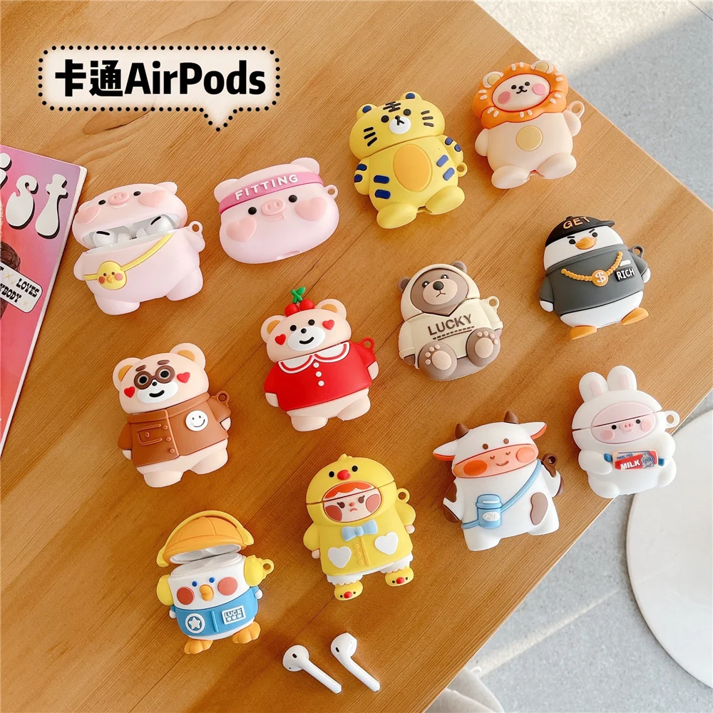 

Мягкий силиконовый чехол для наушников Apple Airpods 1, 2 Pro, с изображением животных, зоопарка, карабина, цепочек, крючков, защитный чехол