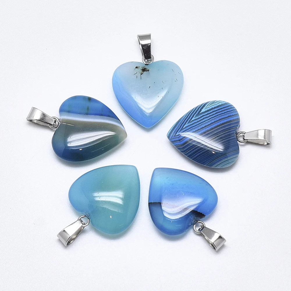 

1 Pc Natural Banded Agate/Striped Agate Pendants, Dyed, with Stainless Steel Snap On Bails, Heart, Stainless Steel Color,SkyBlue