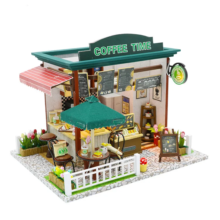 Time cafe-caba&ntilde;a de bricolaje creativa, juguete de regalo de cumplea&ntilde;os, modelo de mini tienda, decoraci&oacute;n, Escena de adorno peque&ntilde;o-5