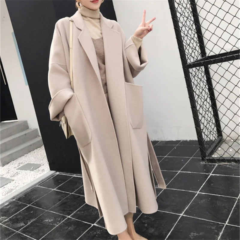 

High Quality Winter Wool Coat Women Abrigos Mujer Invierno 2020 Casual Belt Solid Black Long Sleeve Woolen Coat Plus Size S-4XL
