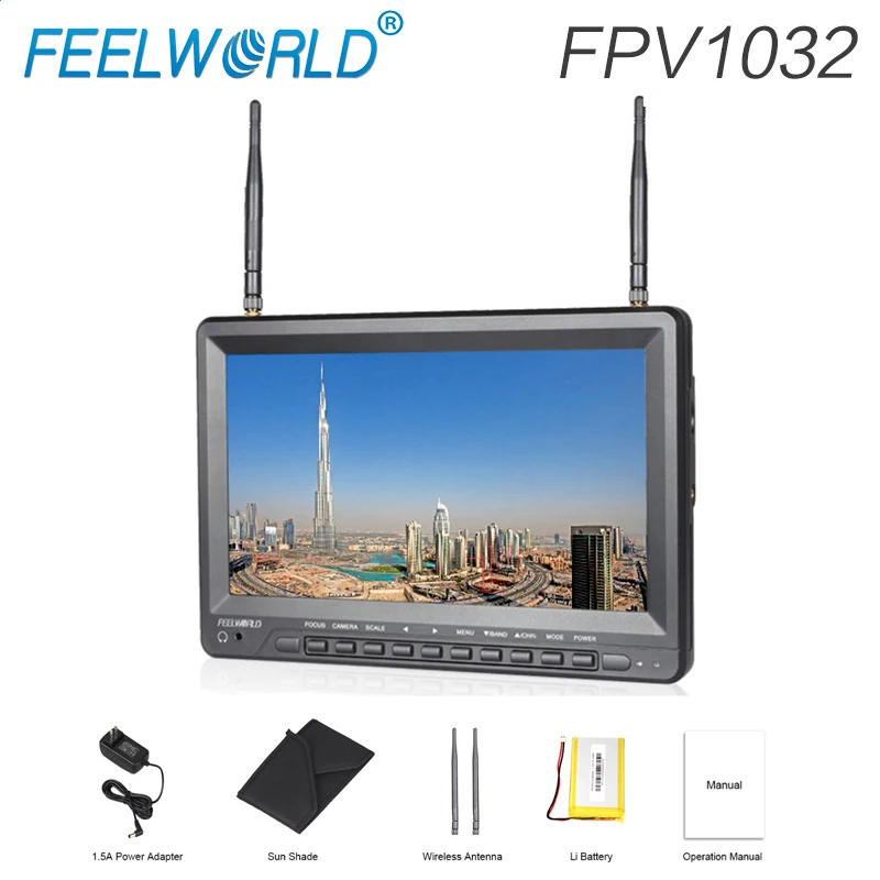 online Feelworld FPV1032 10.1 Polegada IPS Monitor De FPV Com Bateria Embutida Dupla 5.8G 32CH Receptor De Diversidade De 1024x600 Sem Fio Monitores