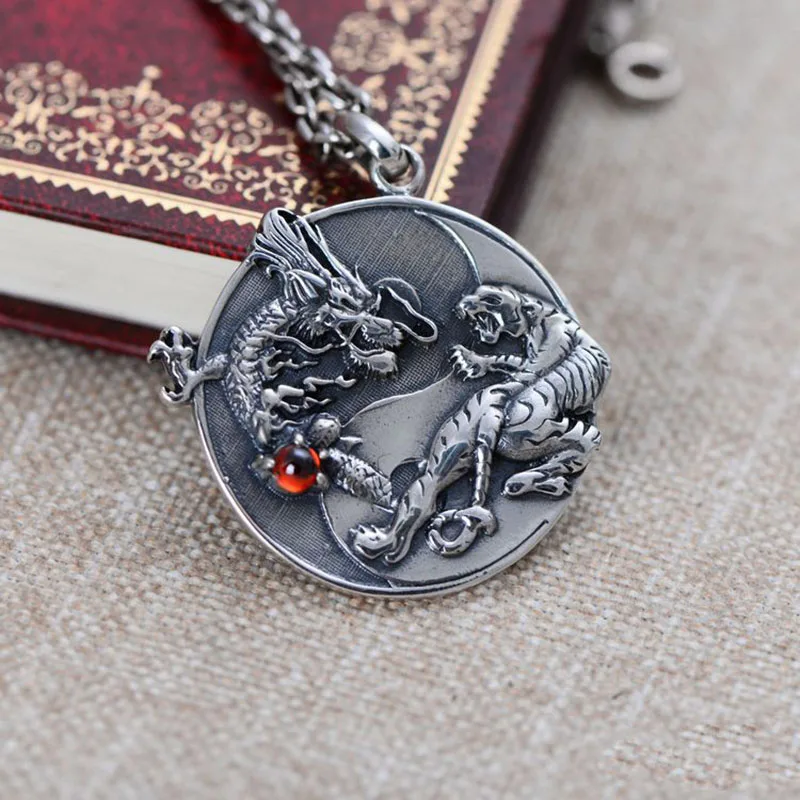 S925 Silver Handmade Dragon Tiger Pendant Necklace 925 Sterling Fengshui Taichi Yinyang Pendant Necklace Good Luck Amulet