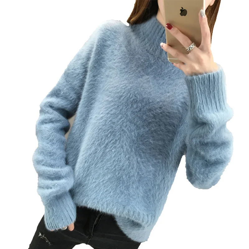 

Women Mink Sweater Winter 2020 New Korean Loose Wear Half High Collar Bottoming for Clothes Vintage Turtleneck Long Sleeve