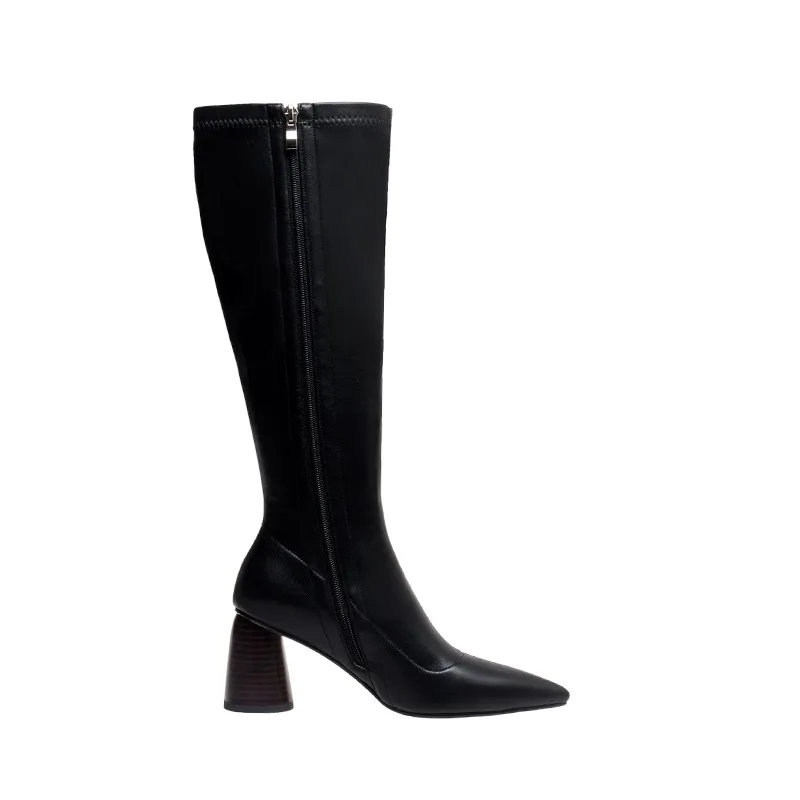 

Winter Boots Women Knee High Long Boots Plus Size 42 New 2020 Pointed Toe Pu Leather Zipper High Heels Shoes Brown Knight Boots
