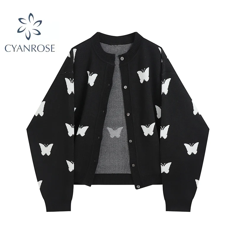 Korean Fashion Y2k Cardigan Women Butterfly Pattern Autumn Vintage Harajuku Long Sleeve Gothic Black Loose Casual Female Sweater |