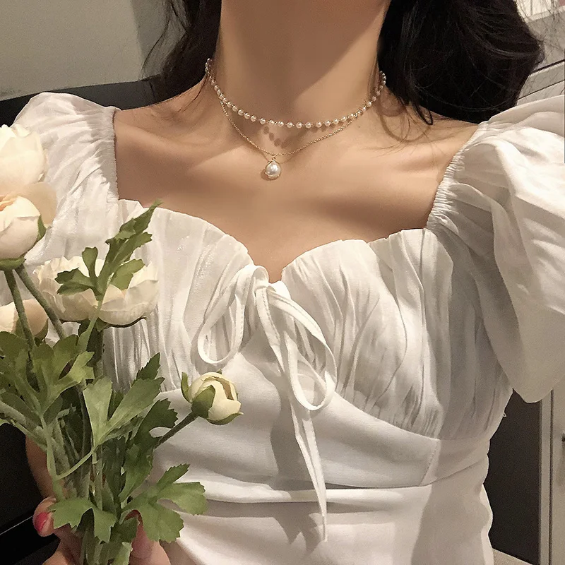 

2021 New Fashion Kpop Pearl Choker Necklace Cute Double Layer Chain Pendant For Women Jewelry Girl Gift Wholesale Drop shipping