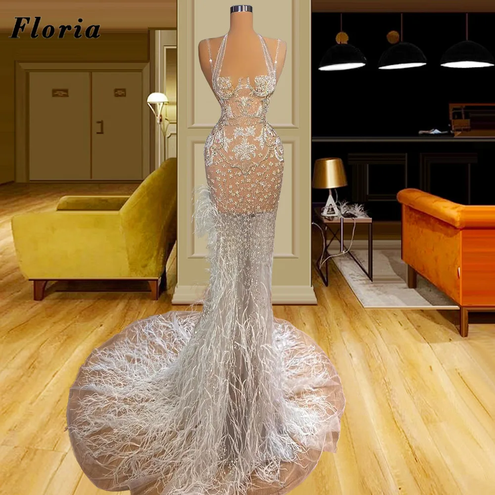 

Floria Couture Dubai Beading Evening Dresses Mermaid Illusion 2022 Women Long Prom Dress Red Carpet Arabic Robes Party Gowns