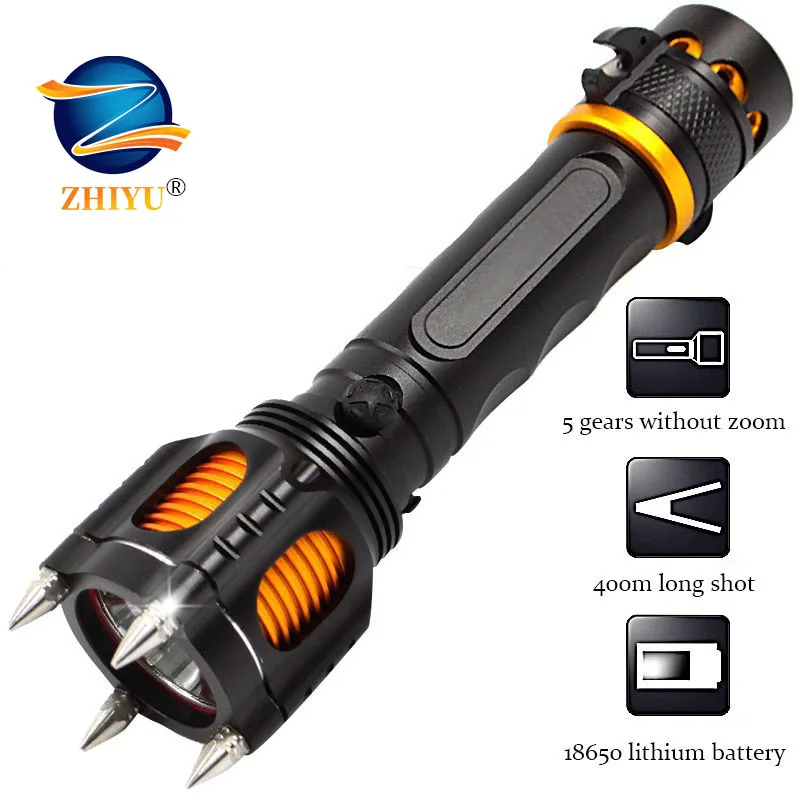 

Уникальный светодиодный фонарик 800 лм T6 с перезаряжаемыми шипами, Многофункциональный тактический фонарик с лезвием и зуммером для самообо...