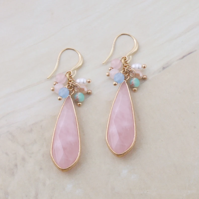 NeeFu WoFu сережки с натуральным камнем в форме капли для женщин розовый кристалл