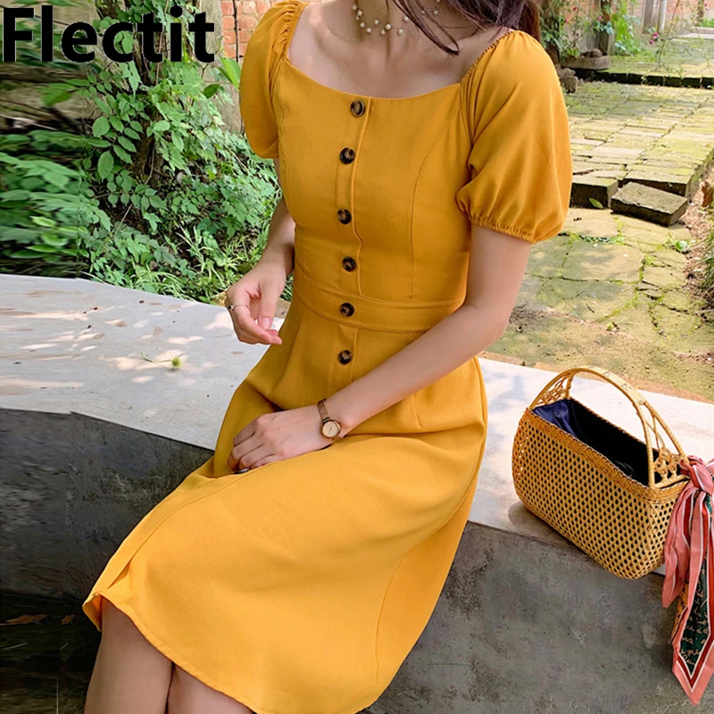 

Flectit Square Neck Button Front Midi Dress Short Puff Sleeve High Waist Ginger Yellow Summer Dress *