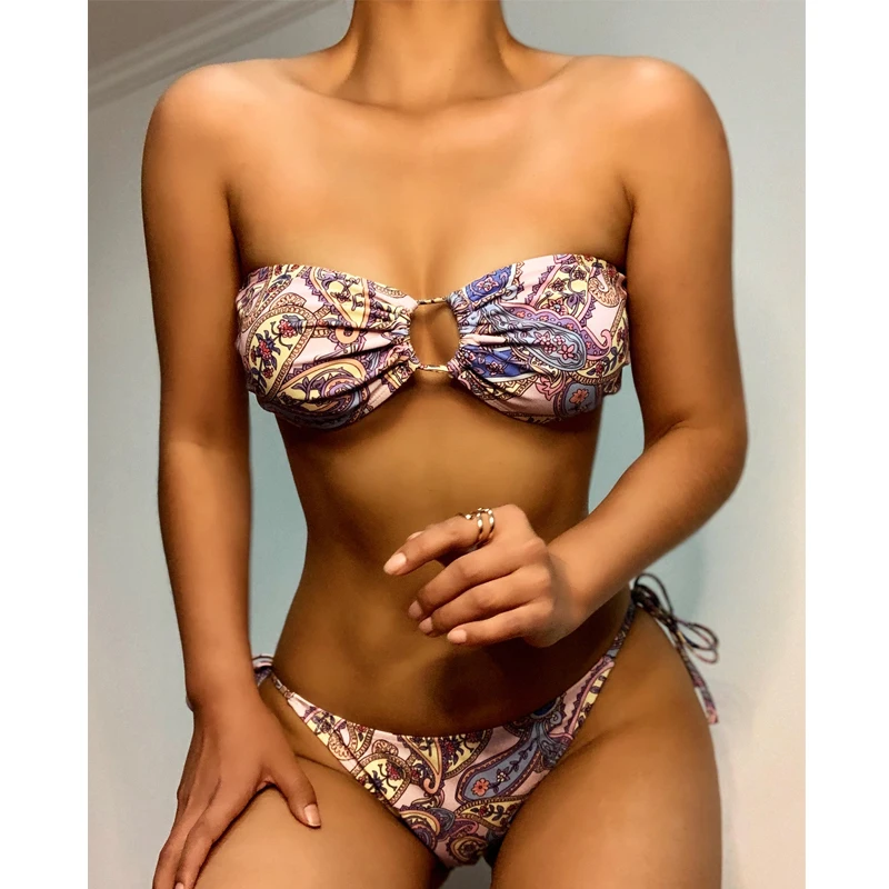 

Mossha Vintage print swimsuit women's swimming suit Bandeau push up bikini 2021 Hollow out swimwear High cut bathing suit Swim