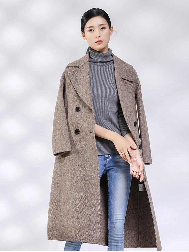 

Fall/Winter 2020 new double-faced cashmere coat women Korean high-end double-breasted herringbone long woolen coat Slim