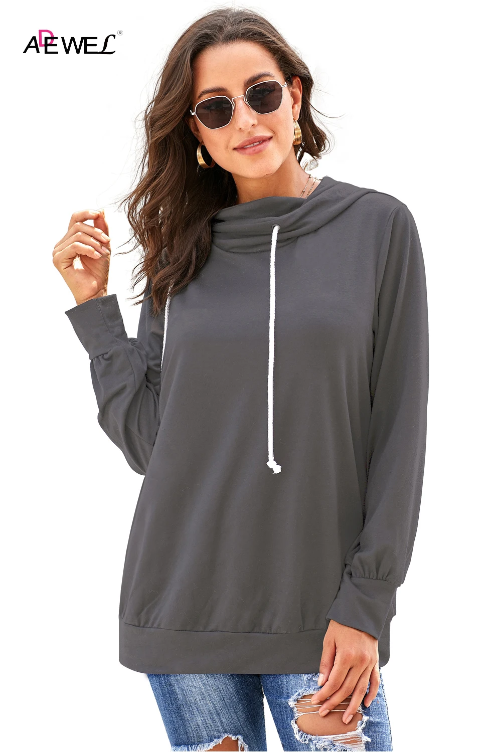 

ADEWEL Black Blue Gray Long Sleeve Hoodie with Rope Drawstring Plus Size Women Hoodies Solid color harajuku hogo boss sweatshirt