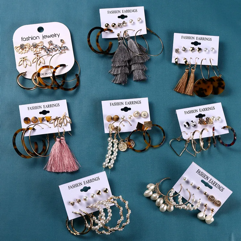 

Luokey Vintage Rhinestone Pearl Dangle Earrings For Women Tassel Acrylic Heart Earrings Set Bohemia Brincos Fashion Jewelry Gift