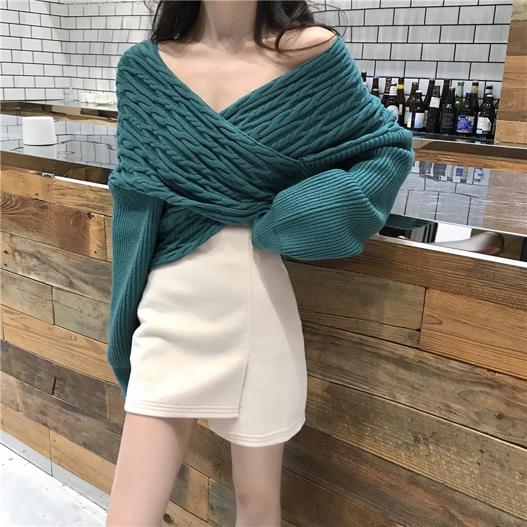 

women off shoulder cross v neck sweater solid knitted suéter short crop top