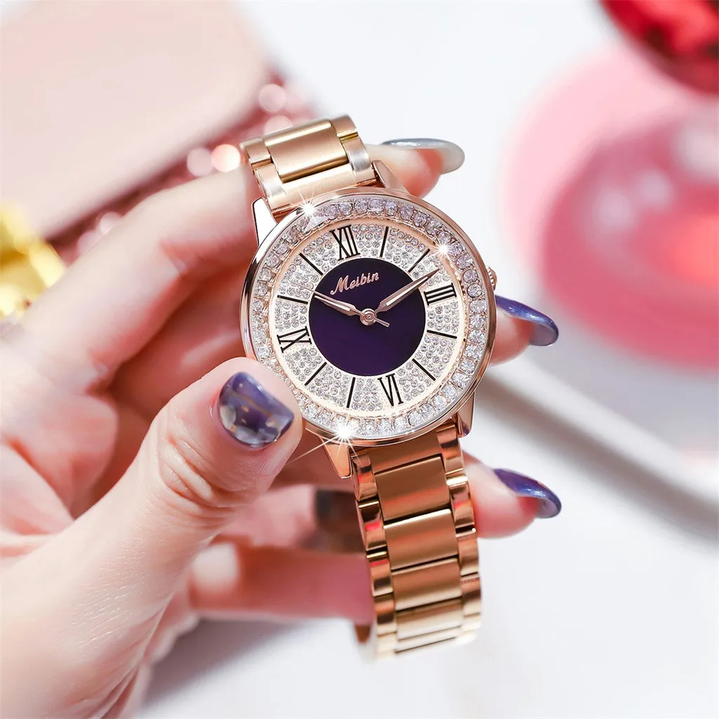 Модные женские часы инкрустированные бриллиантовым циферблатом кварцевые