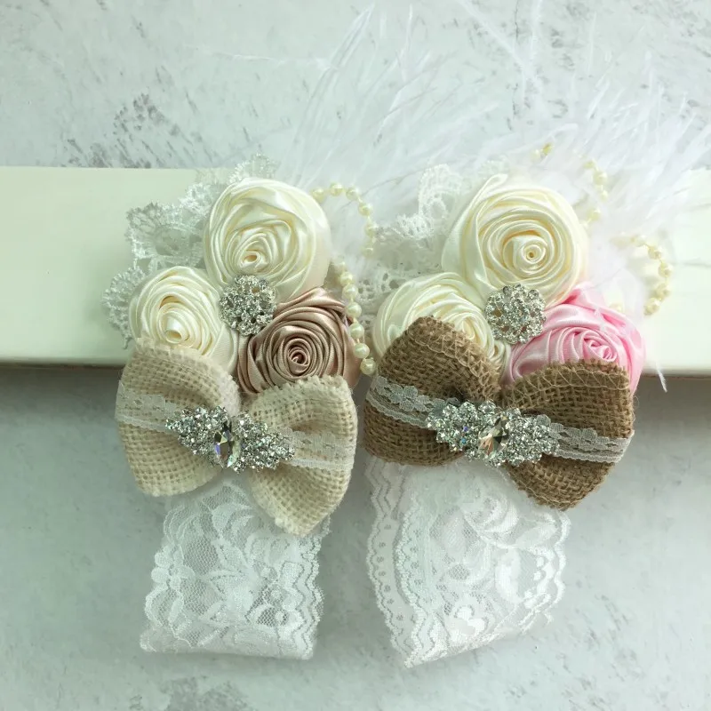 Baby Girl Headbands Hair Accessories Triple Satin Flower Rosettes Feather Band Vintage Burlap Lace Hairband photo props | Детская одежда