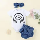 Комбинезон Радужный для новорожденных девочек, комплект из 3 предметов, джинсовые брюки с бантом и повязки на голову, летний комплект одежды для новорожденных девочек с головным убором