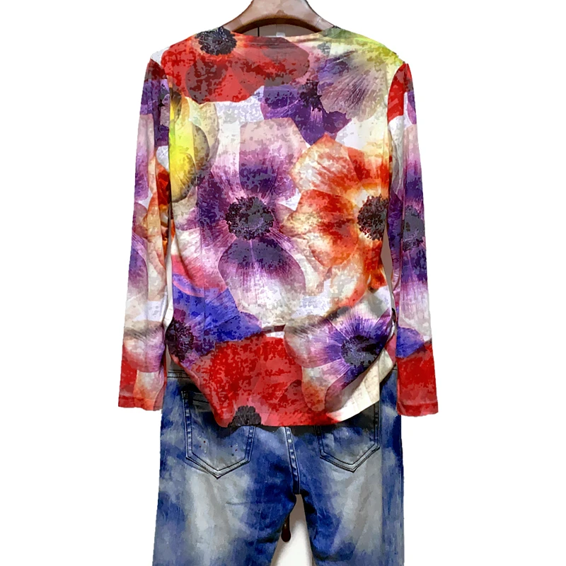 

2021 Spring New Arrival Hot Drilling Floral Print T Shirt Women Long Sleeve Graphic Tees Modis Tops 4XL Loose Tee Shirt Femme