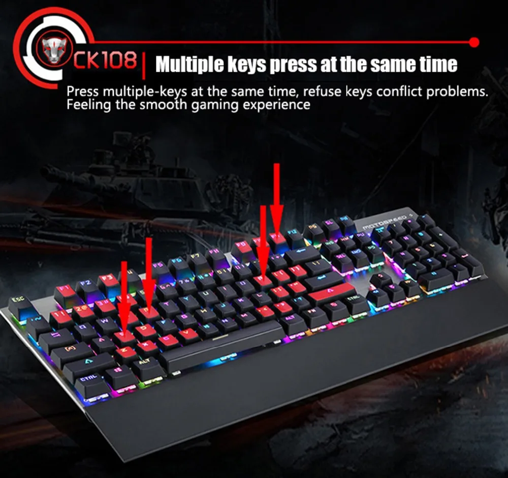 Motospeed CK108 механическая клавиатура с русской и английской раскладкой 104 клавиш RGB