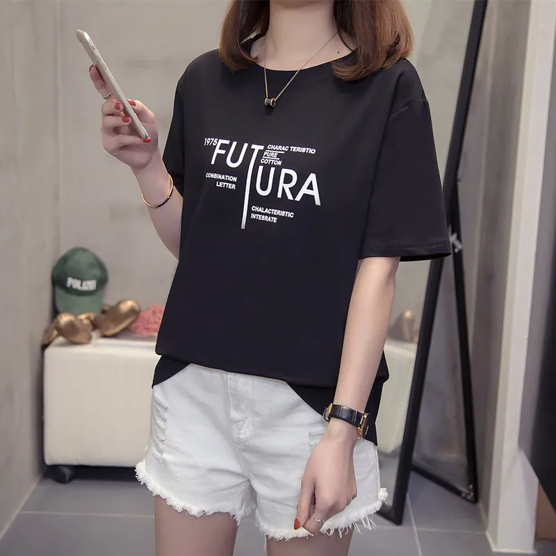 

Summer Fashion Creativity letter printing Pattern short-sleeve T-shirt female street Casual Loose soft Pink and Black women tops