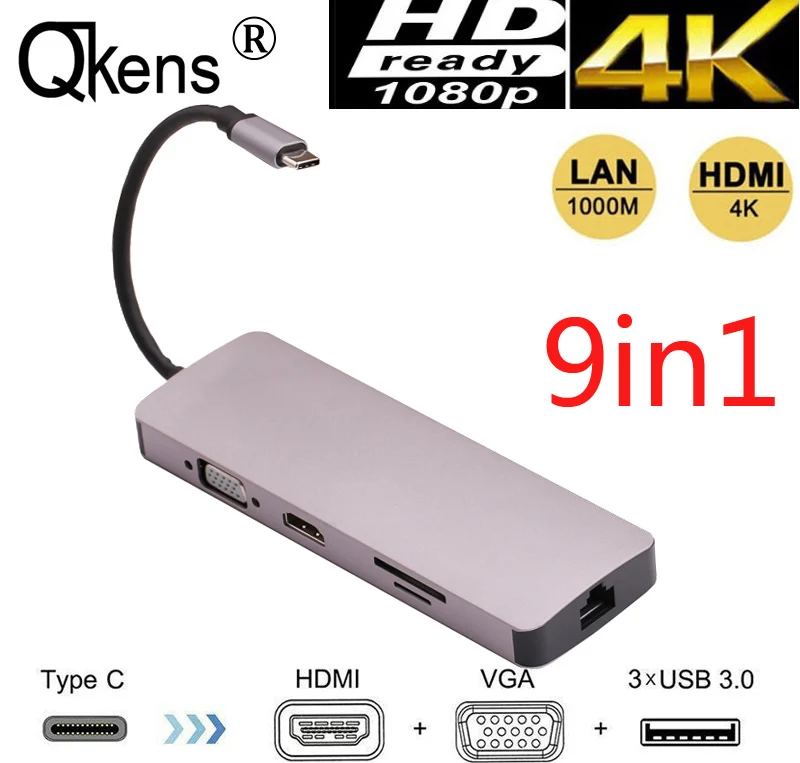 Тип C для питания 4K видео HDMI TV VGA 1000 Мбит/с гигабитный Ethernet Lan кабель адаптер 3 USB 0