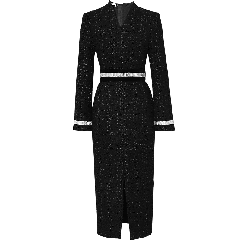 

Autumn Winter Black Wool Dress Women 2019 Elegant Ladies V-neck Long Sleeve Midi Office Dress vestidos