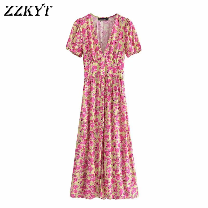 

ZZKYT 2021 женская летняя обувь модные Цветочный принт миди платье в винтажном стиле; С v-образным вырезом с короткими рукавами, с эластичной рез...